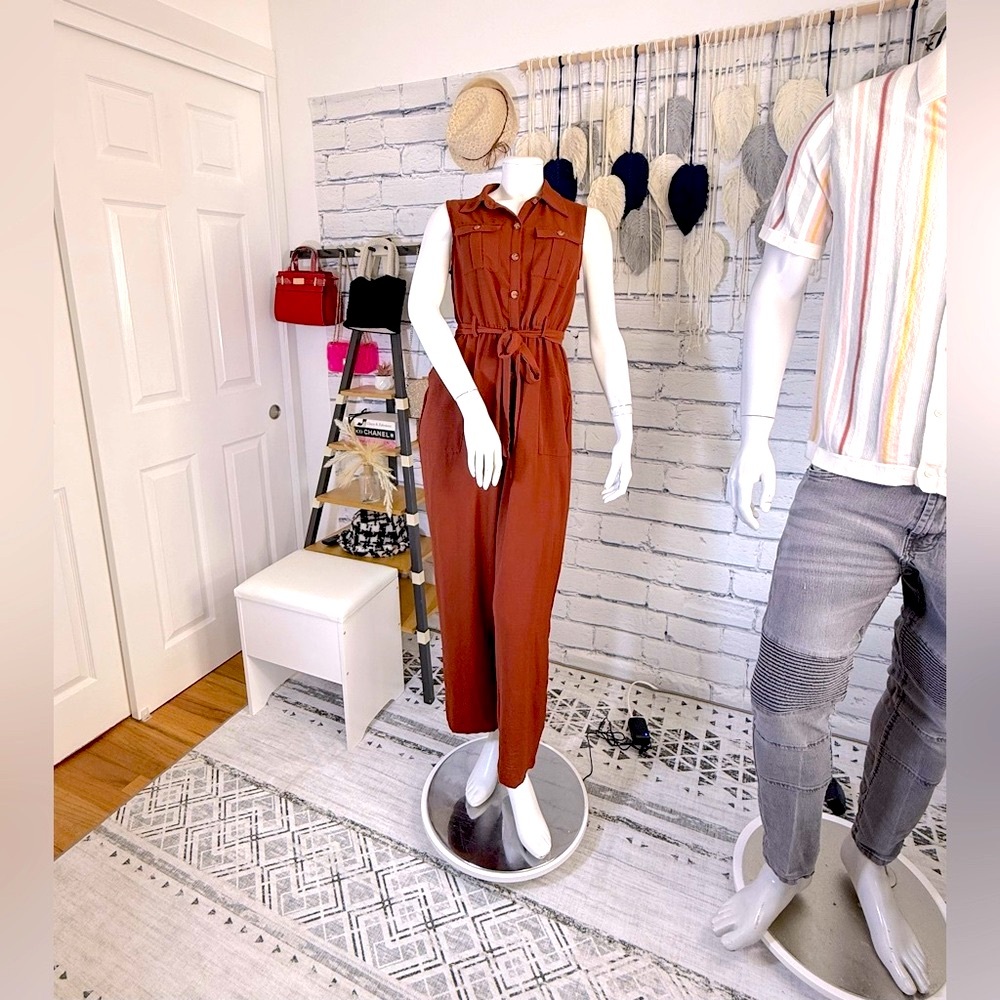 Sleeveless Button Down Collared Wide Leg Tie Jumpsuit